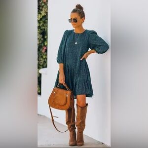 DRESS FORUM Long Sleeve Dress Short Teal Green Polka Dot Oversized Tiered Large